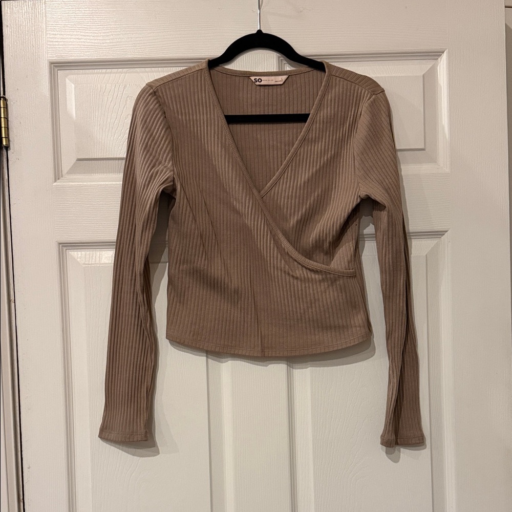 SO Ribbed Tan Wrap Blouse